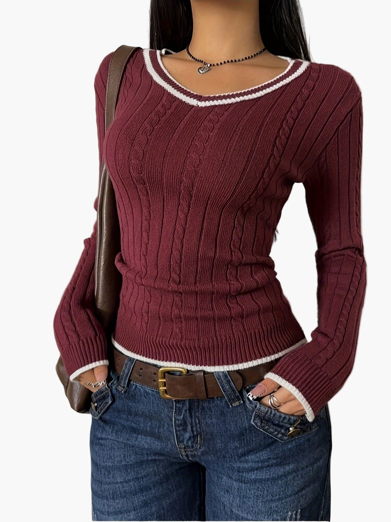 Jersey para mujer con escote en V, ajustado, casual y a la moda – ideal para día a día y ocio