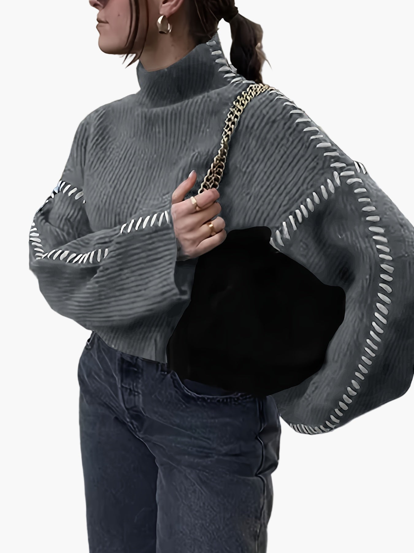 Pull oversize pour femme en maille avec surpiqûres et col montant – Pull tendance automne/hiver pour des tenues stylées