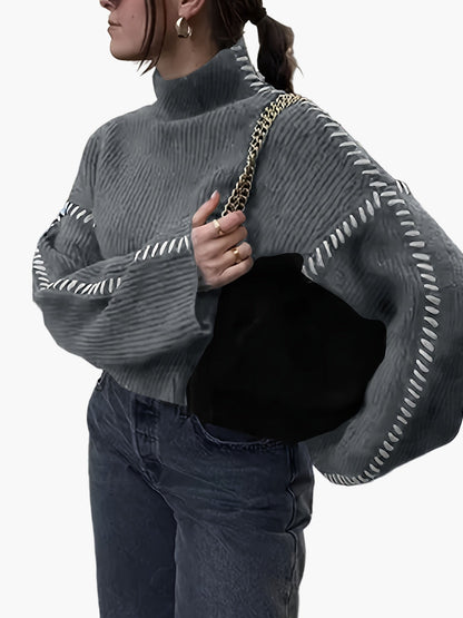 Pull oversize pour femme en maille avec surpiqûres et col montant – Pull tendance automne/hiver pour des tenues stylées