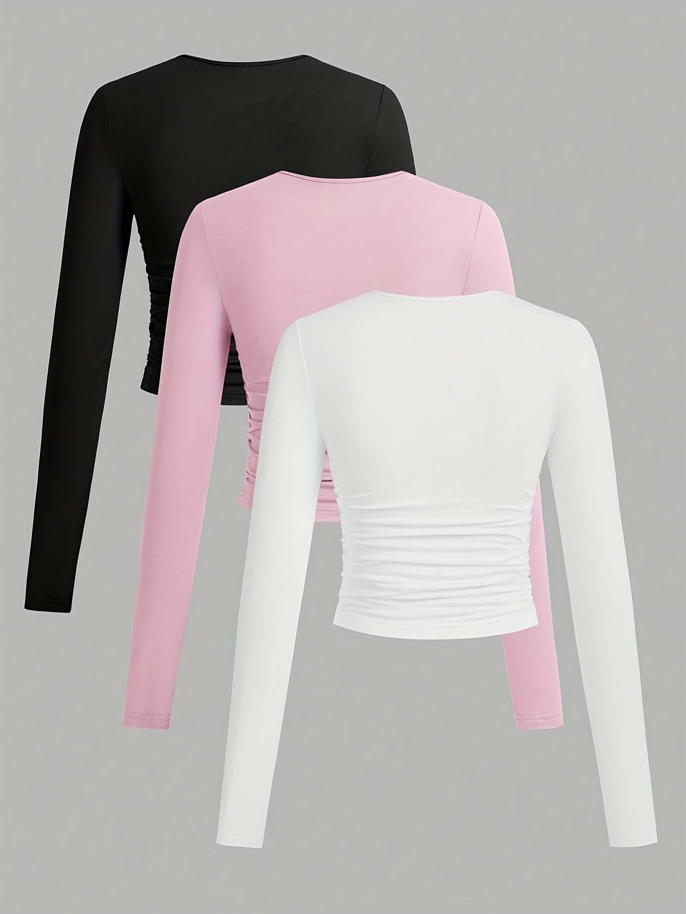 Damen Langarm Crop Top 3er-Pack mit Raffung, Rundhals