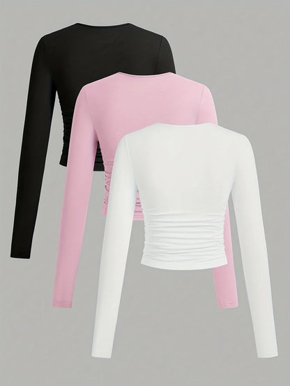 Damen Langarm Crop Top 3er-Pack mit Raffung, Rundhals