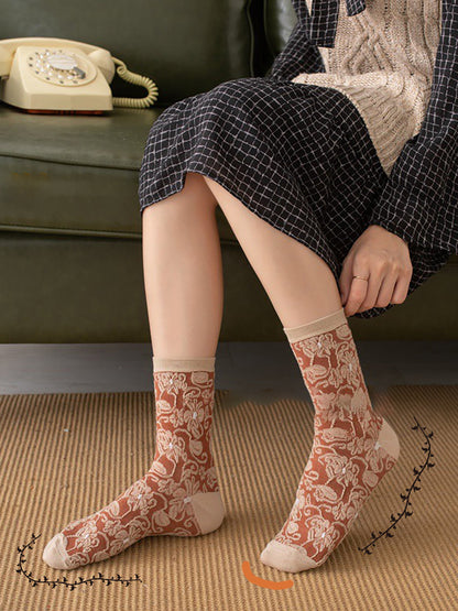 Damen Vintage Socken mit Blumenmuster – Modisches 5er-Set für Frühling & Herbst