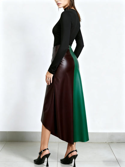 Gonna da donna color block con orlo asimmetrico in materiale similpelle