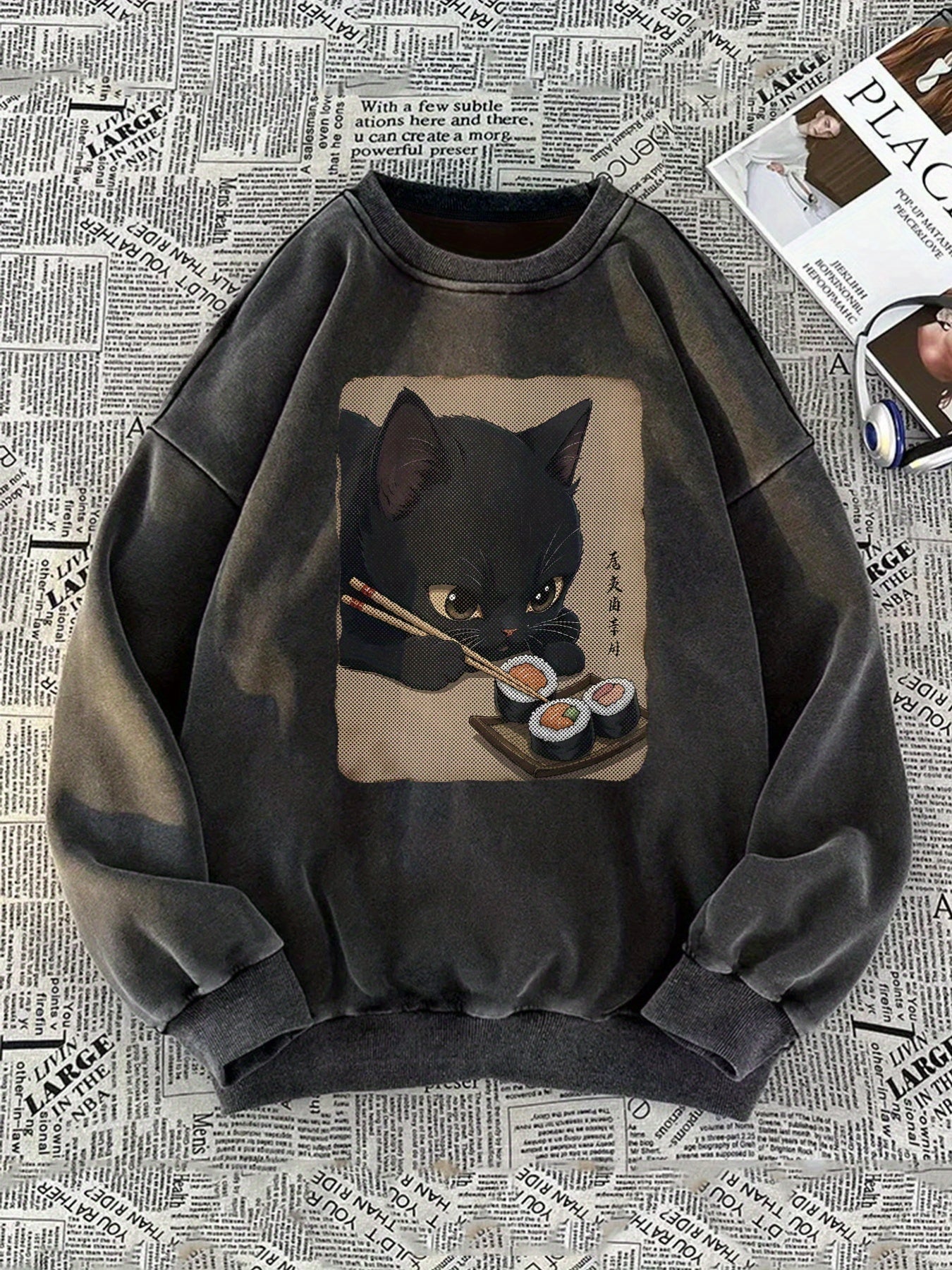 Felpa unisex con stampa di gatti e sushi, pullover girocollo dall’aspetto vintage