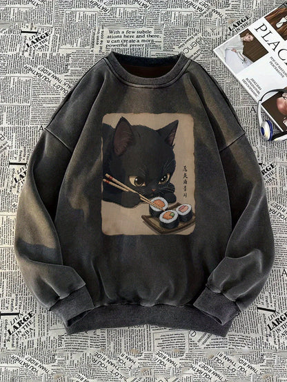 Felpa unisex con stampa di gatti e sushi, pullover girocollo dall’aspetto vintage