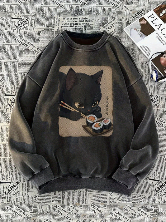 Unisex Sweatshirt mit Katzen- und Sushi-Print, Rundhals-Pullover im Vintage-Look