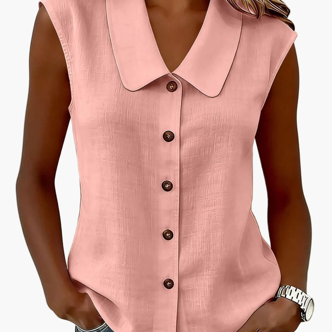 Blouse sans manches pour femme avec patte de boutonnage et grand col – Style décontracté élégant pour le quotidien et le bureau