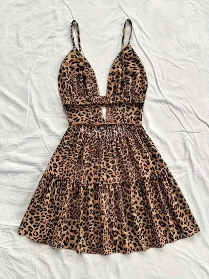 Vestito estivo corto da donna con motivo leopardato e orlo a balze – Abito casual alla moda con spalline sottili e cut-out