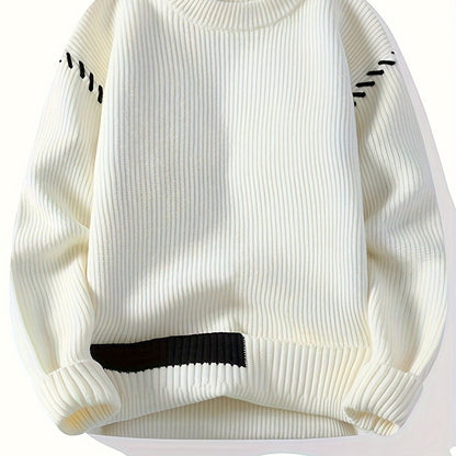 Unisex Strickpullover mit Rundhalsausschnitt und Kontraststreifen-Details, Langarm