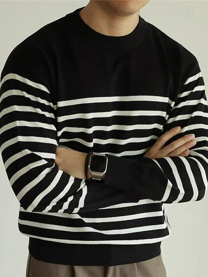 Herren Langarmshirt Gestreift Schwarz-Weiß Rundhals