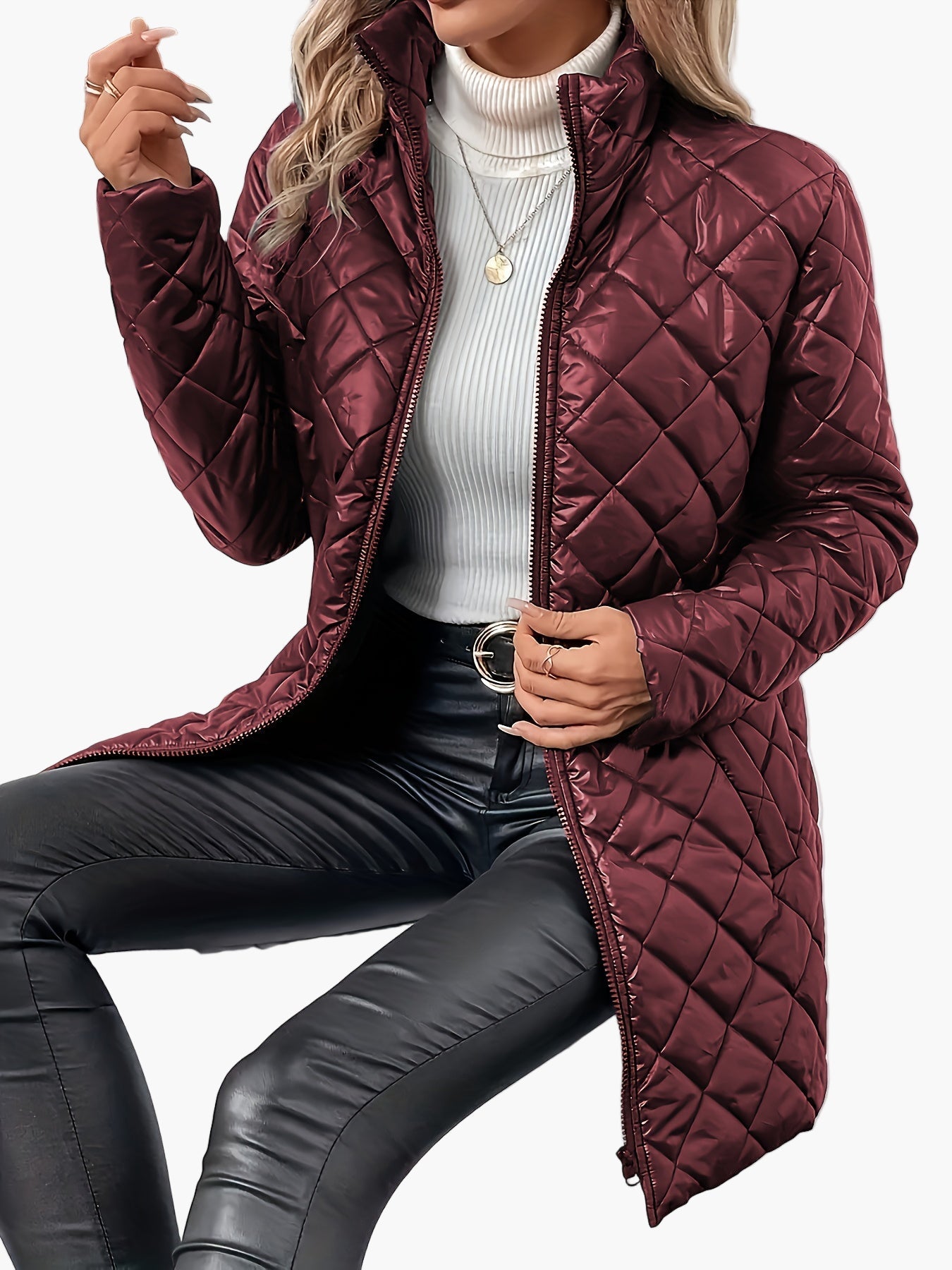 Dame quiltet jakke med moteriktig diamantmønster og ståkrage – Elegant overgangsstil for hverdag og fritid