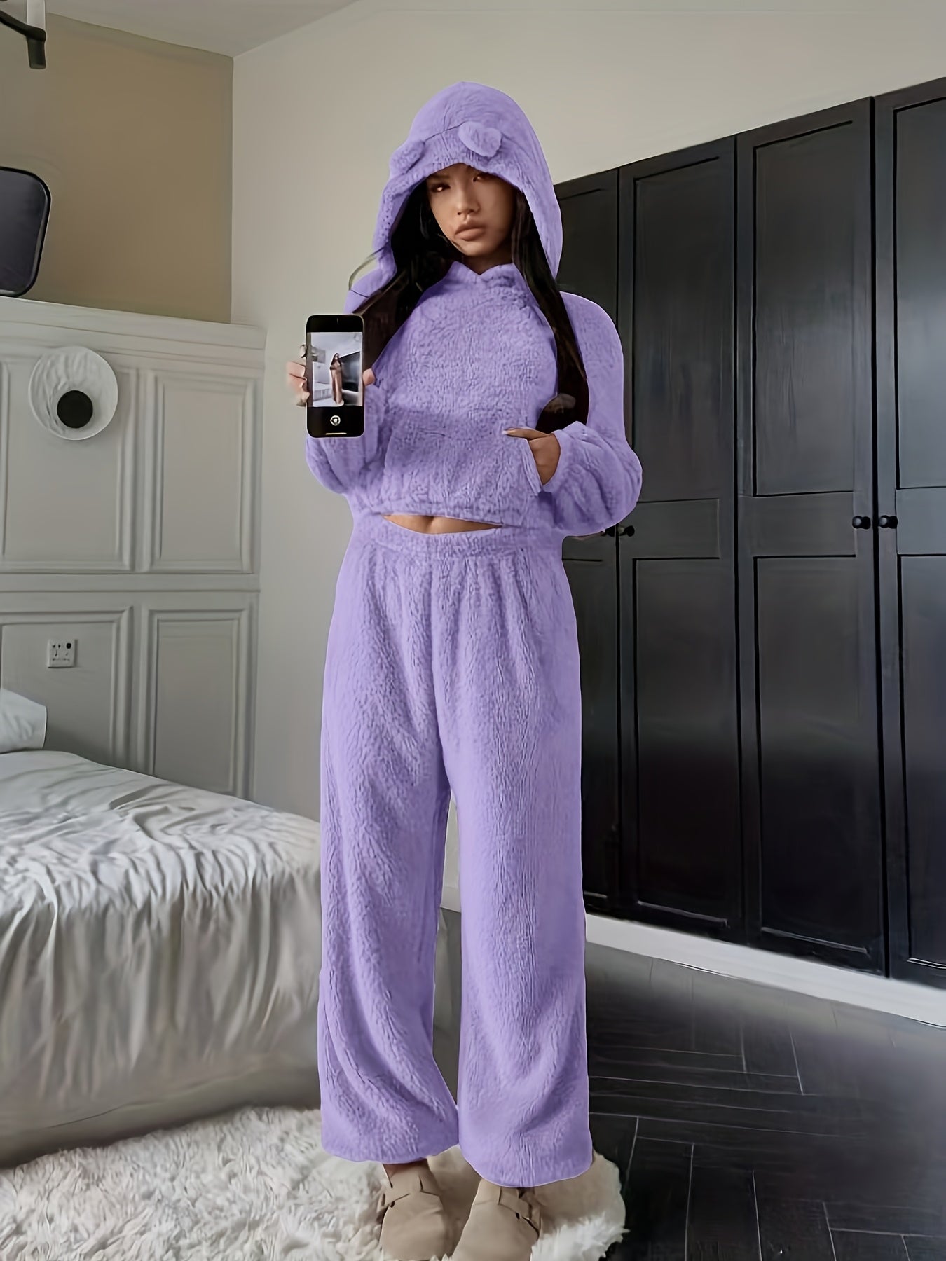 Damen Kuscheliger Fleece Pyjama Hausanzug mit Kapuze und Ohren
