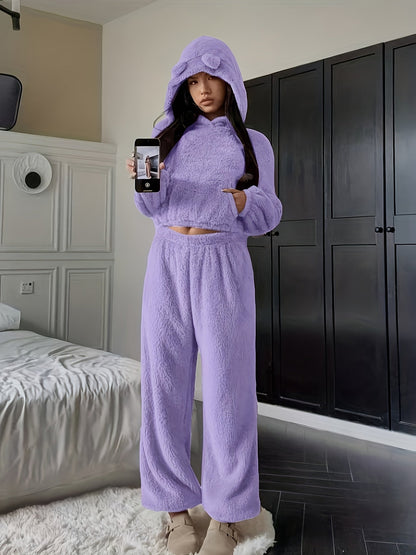 Damen Kuscheliger Fleece Pyjama Hausanzug mit Kapuze und Ohren