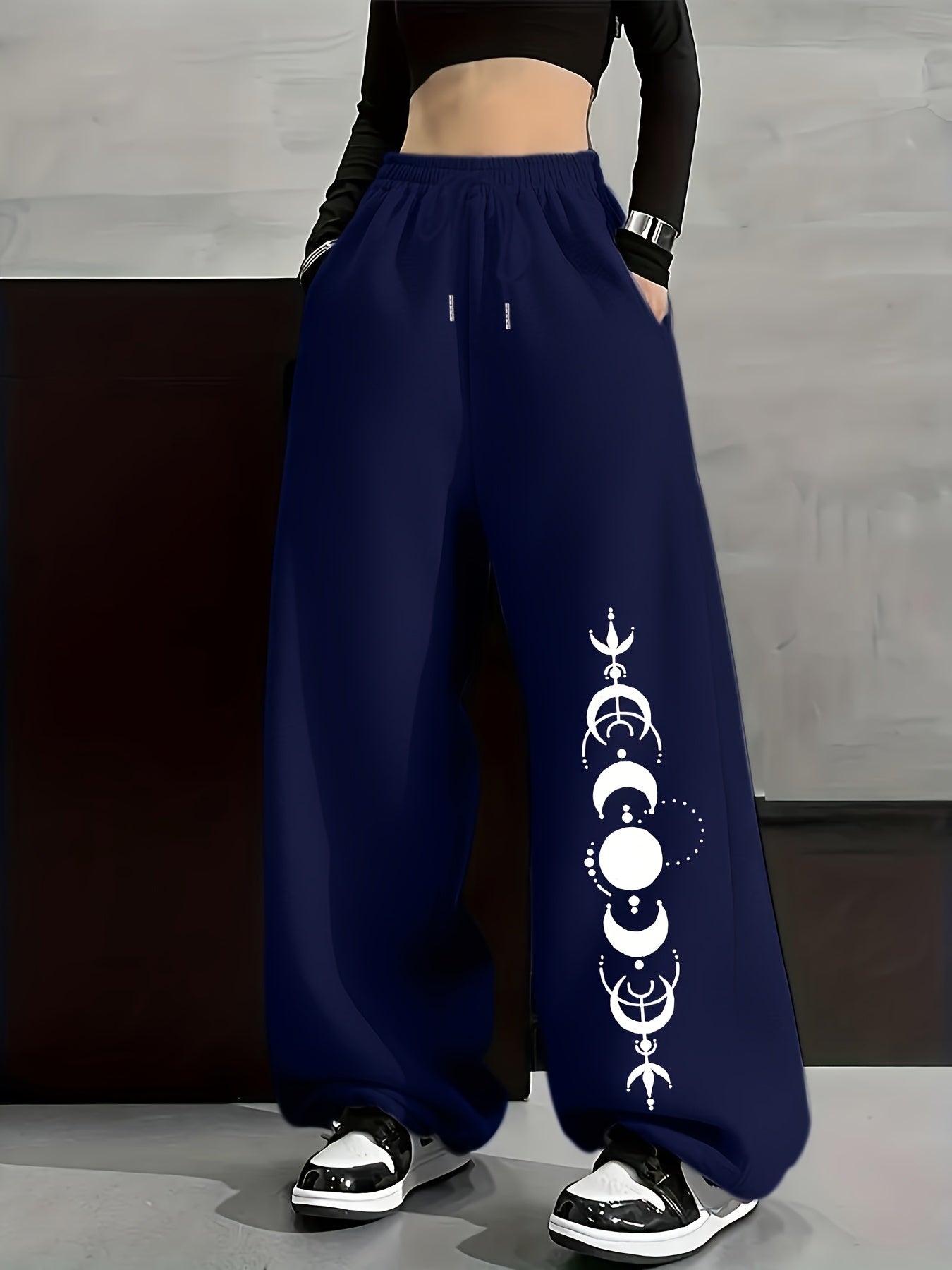 Unisex Weite Freizeithose mit Mondphasen-Muster, Elastischer Bund