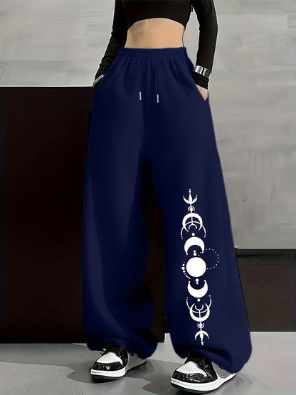 Unisex Weite Freizeithose mit Mondphasen-Muster, Elastischer Bund