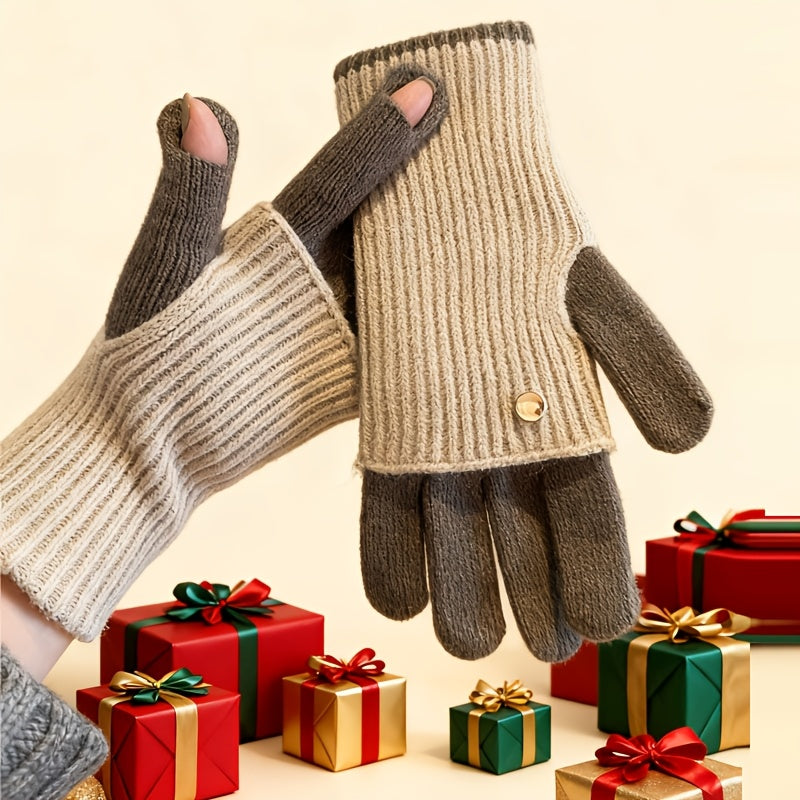 Strickhandschuhe mit abnehmbaren Fäustling-Aufsatz Beige Grau Zweifarbig