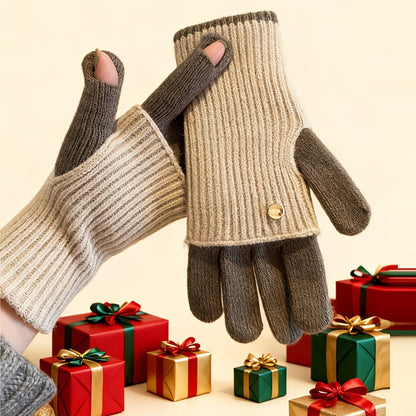 Strickhandschuhe mit abnehmbaren Fäustling-Aufsatz Beige Grau Zweifarbig
