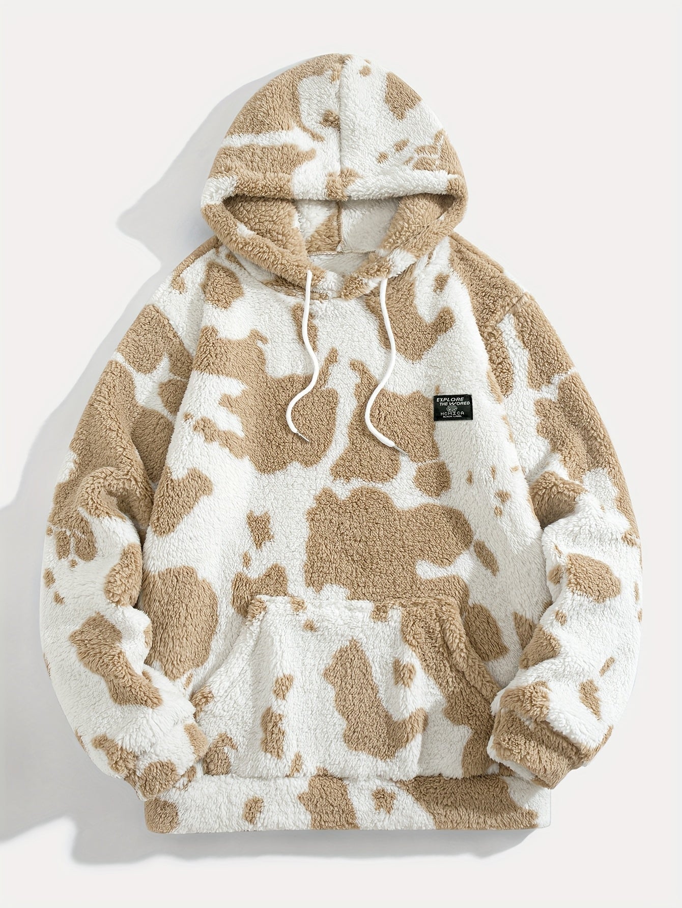 Unisex Teddy Fleece Hoodie mit Kapuze und Kuhfleckenmuster