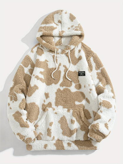 Unisex Teddy Fleece Hoodie mit Kapuze und Kuhfleckenmuster