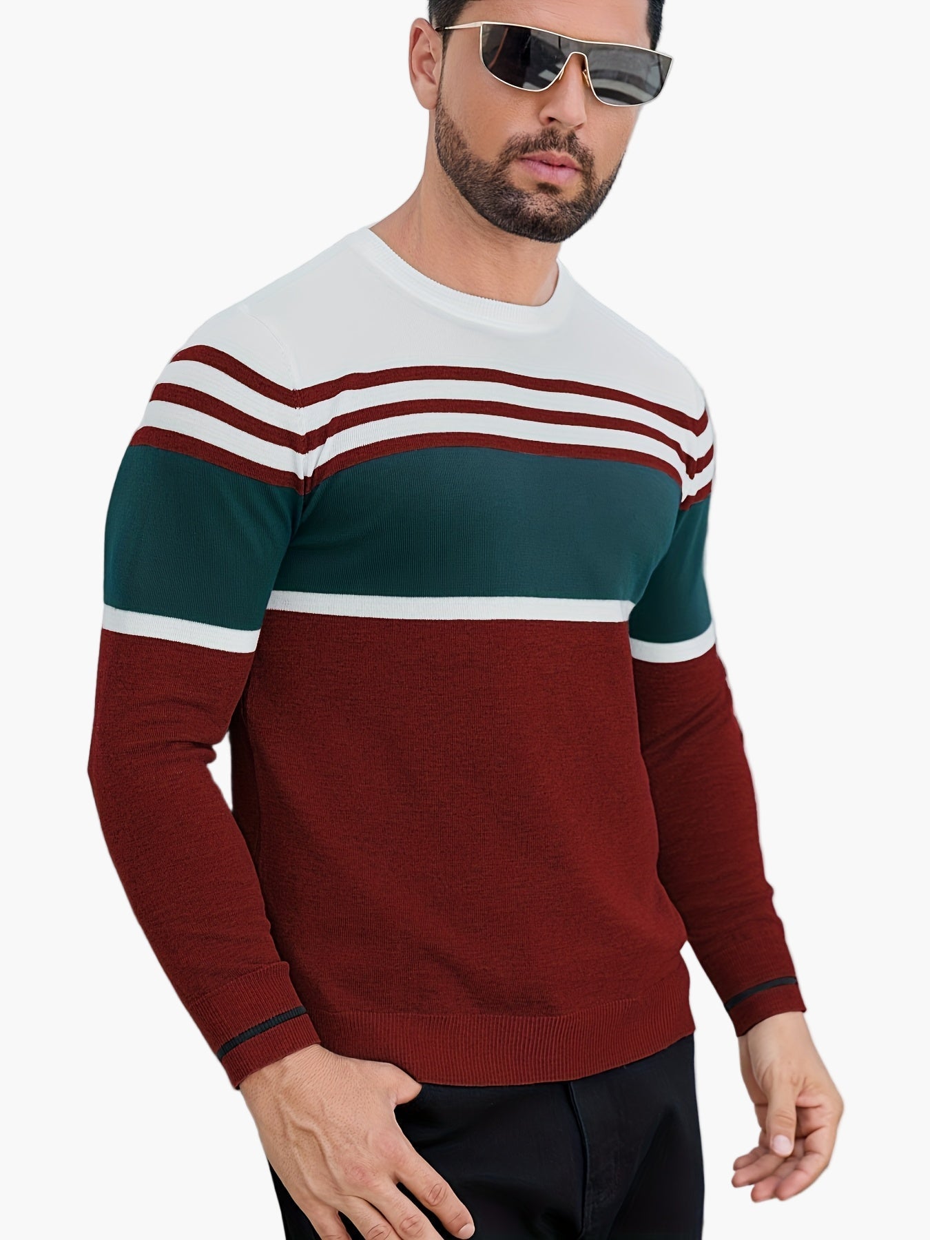 Maglione da uomo con design moderno a righe a blocchi – Girocollo casual per quotidiano e tempo libero