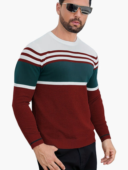 Maglione da uomo con design moderno a righe a blocchi – Girocollo casual per quotidiano e tempo libero