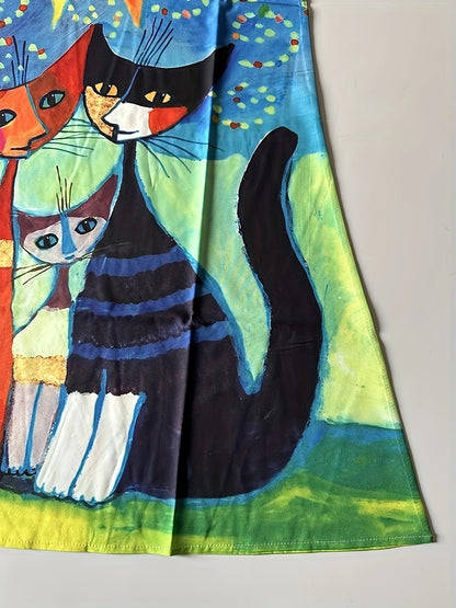 Dam vintage fritidsklänning med katter och sol, ärmlös, knälång, lös passform, idealisk för vår och sommar