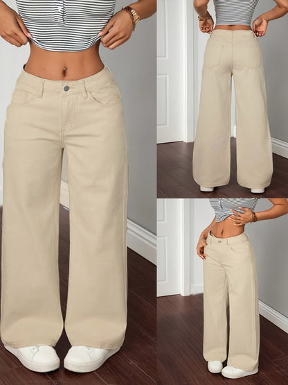 Pantaloni larghi da donna beige a vita alta