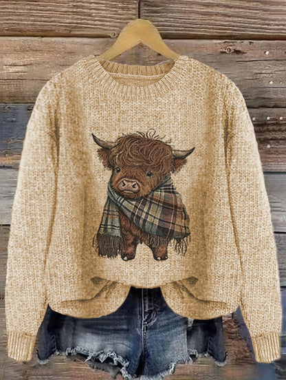 Women's Crew Neck Highland Cow Graphic Pullover Sweater