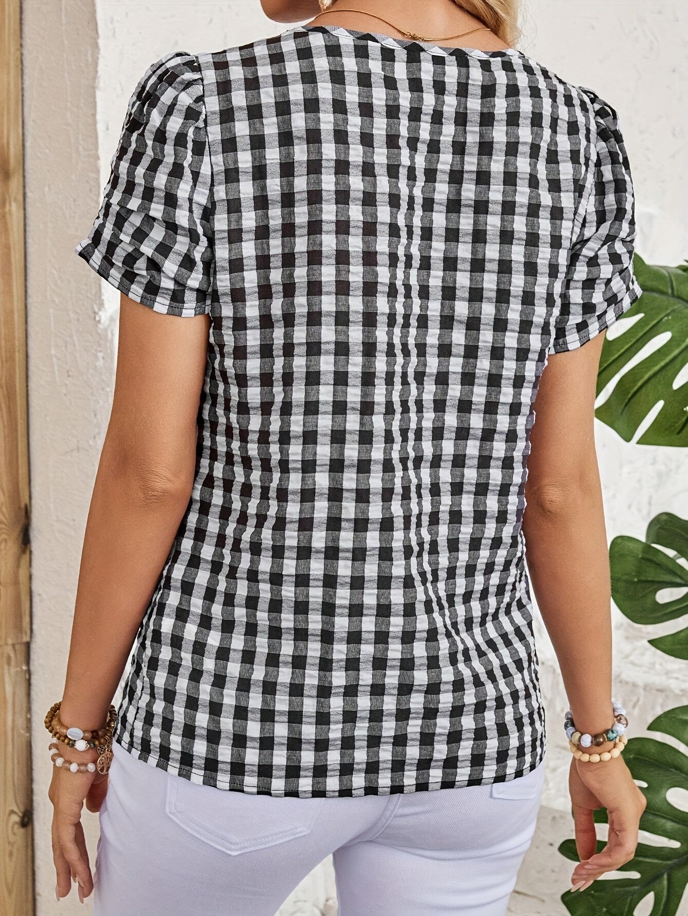 Damesblouse geruit met halsuitsnijding – Elegante vrijetijdsstijl voor lente en zomer