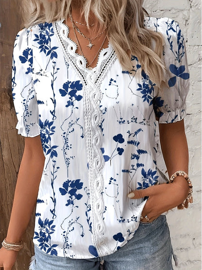 Camicia da donna con motivo floreale e bordatura in pizzo – Stile casual elegante per primavera ed estate