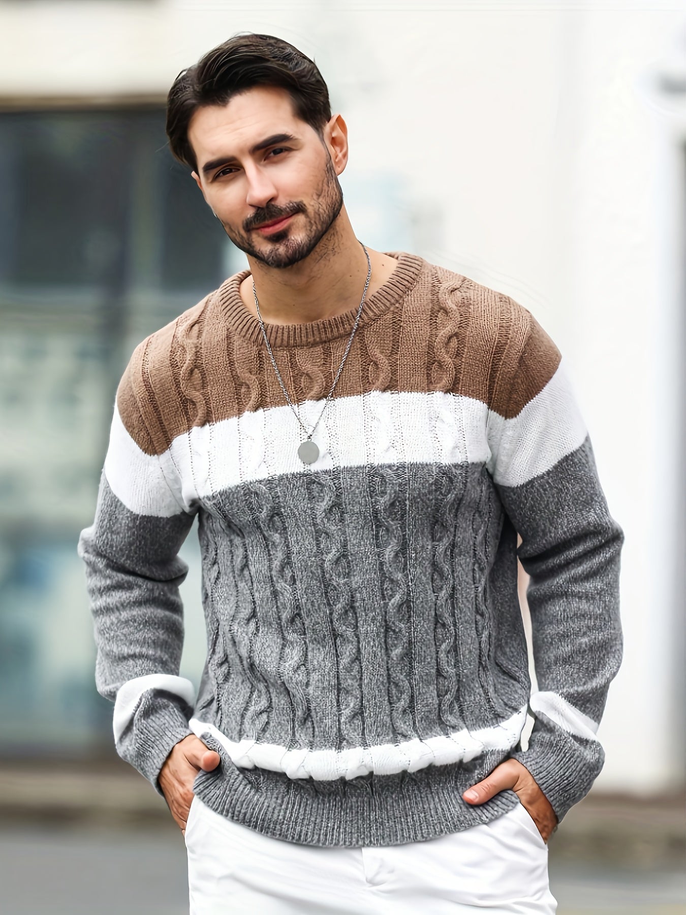 Herren Strickpullover Zopfmuster Colorblock Rundhals