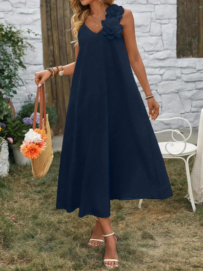 Damen Elegantes Maxikleid mit Blumenapplikation und V-Ausschnitt – Perfekt für Sommerfeste & Gartenpartys