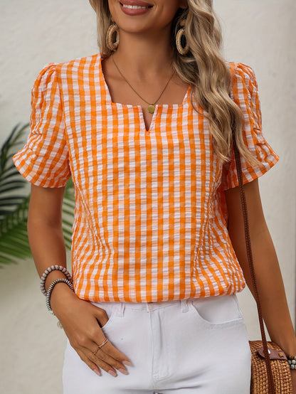 Damesblouse geruit met halsuitsnijding – Elegante vrijetijdsstijl voor lente en zomer
