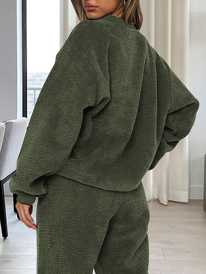 Damen Loungewear Set Grün Weicher Stoff Pullover Hose