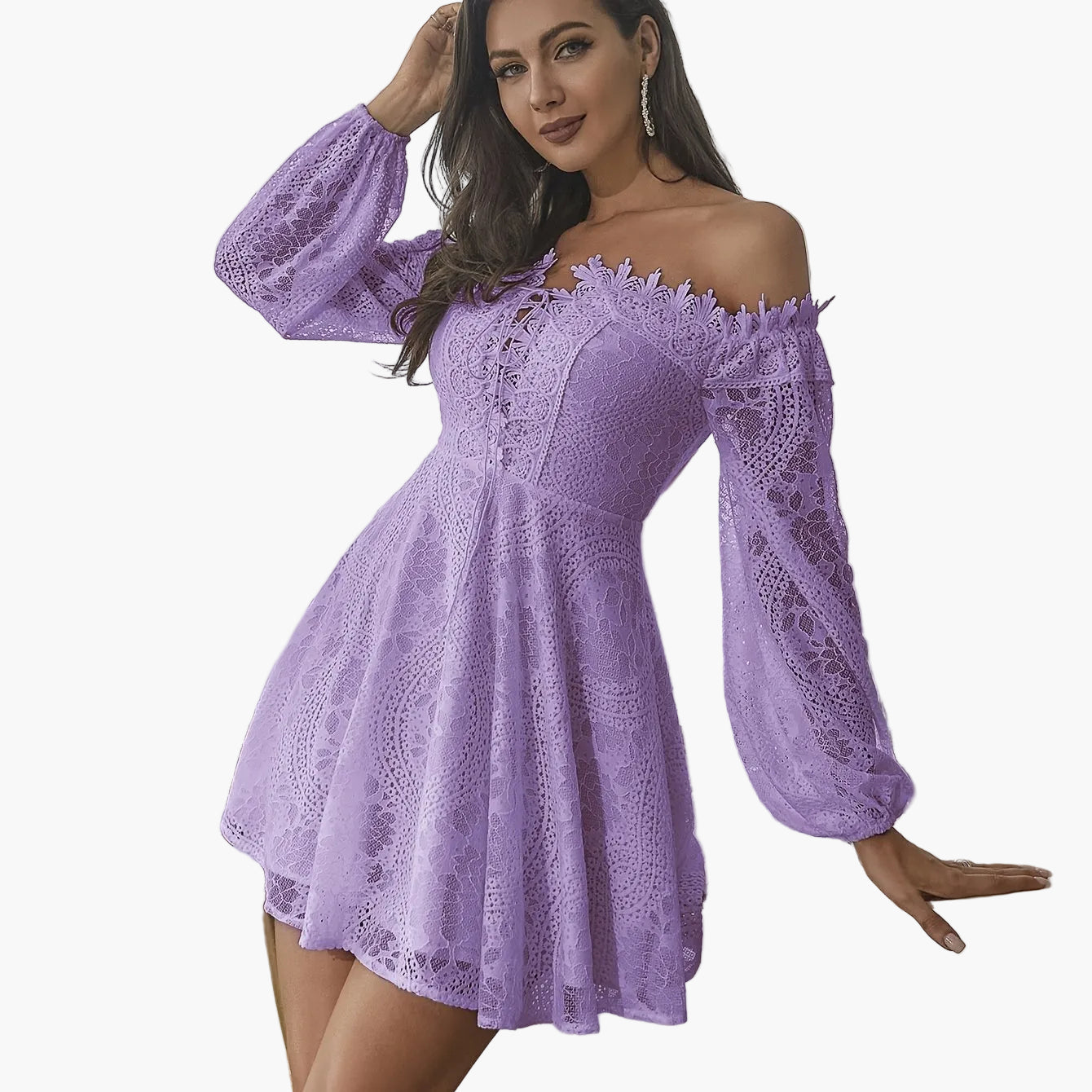Dames Off-Shoulder kanten jurk elegant A-lijn lente- en zomerjurk feest cocktail