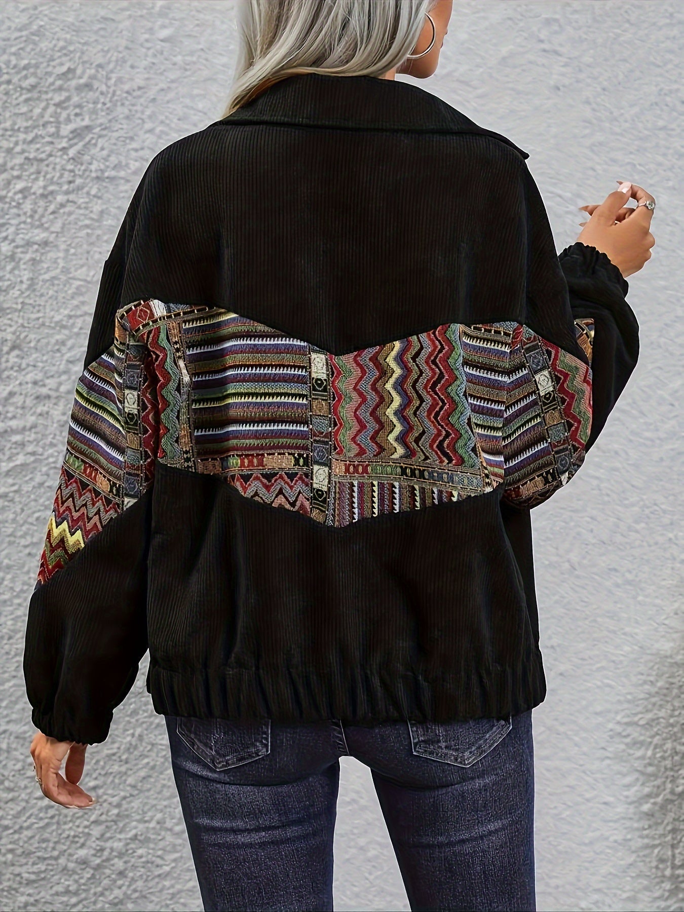 Damen Cordjacke mit ethnischem Patchwork-Muster Schwarz
