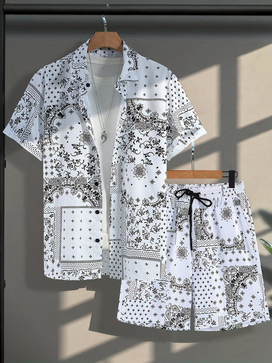 Heren kortarm set in bandana-design – casual zomeroutfit met overhemd en korte broek