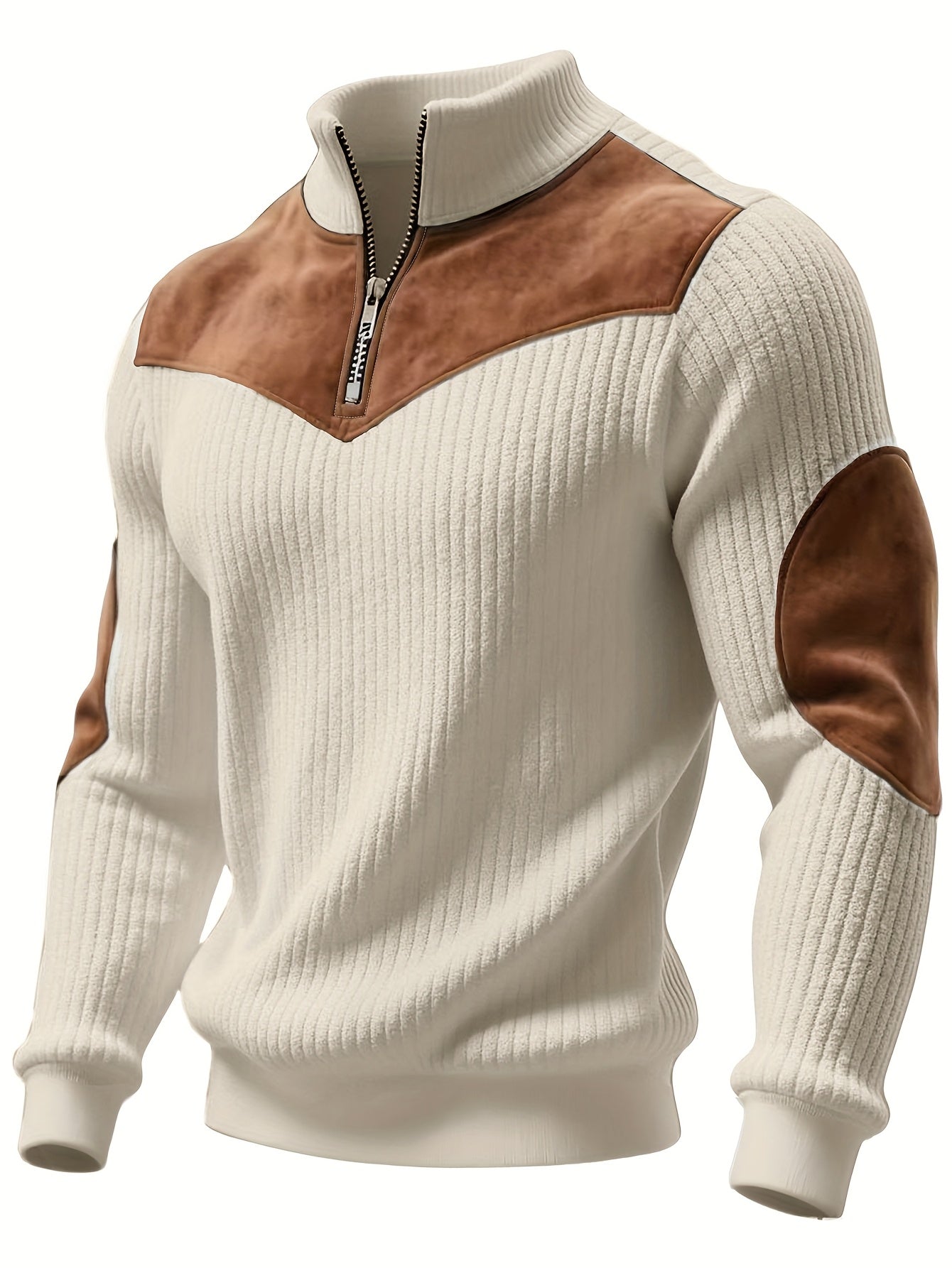 Herren Rippstrick Pullover mit Reißverschluss Stehkragen und Patches