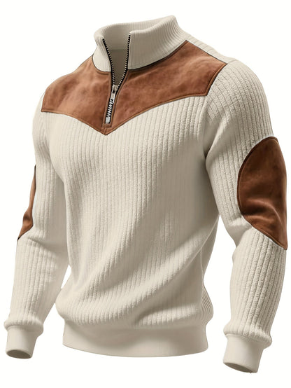 Herren Rippstrick Pullover mit Reißverschluss Stehkragen und Patches