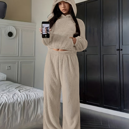 Damen Kuscheliger Fleece Pyjama Hausanzug mit Kapuze und Ohren