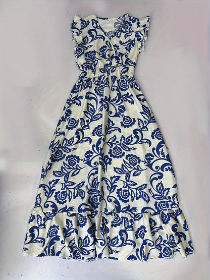 Robe longue élégante pour femme avec manches à volants et détail à la taille – Parfaite pour l'été et les vacances