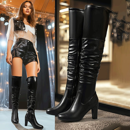 Damen Overknee Stiefel Schwarz mit Absatz