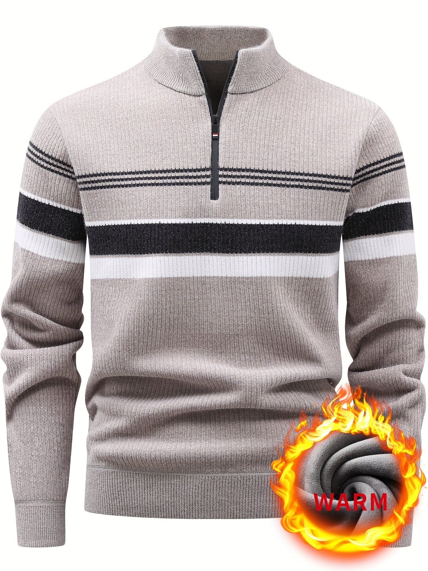 Herren Halb-Reißverschluss Strickpullover mit Streifenmuster, gerippt
