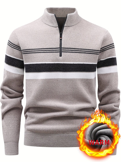Herren Halb-Reißverschluss Strickpullover mit Streifenmuster, gerippt