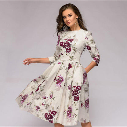 Dames elegante A-lijn jurk met bloemenpatroon en 3/4 mouwen voor feestelijke gelegenheden en dagelijks gebruik