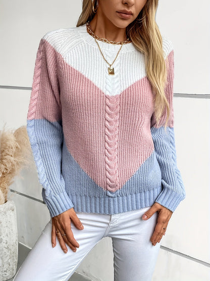 Dame-strikpullover med kabelstrik, colorblock-design i blå-hvid eller pink-blå