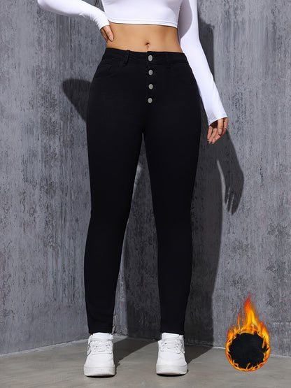 Damen Skinny Jeans Schwarz Hoher Bund Knopfverschluss