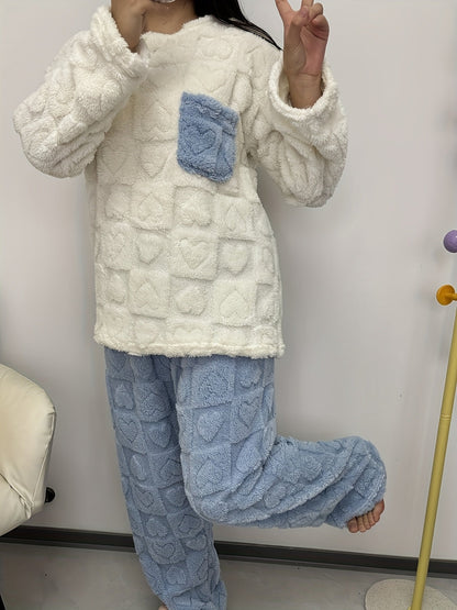 Pigiama coccoloso con motivo a cuori, morbido pigiama loungewear