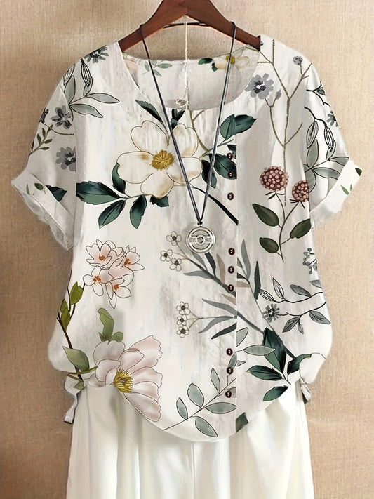 Blusa vintage de mujer con estampado floral y botonadura – Camiseta de verano estilo retro para tiempo libre