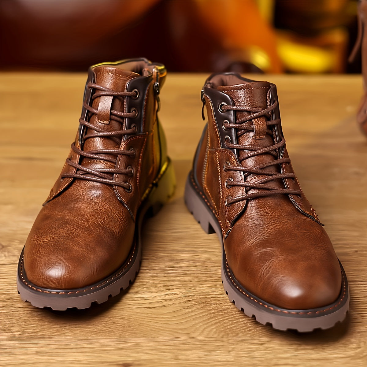 Herren Schnürstiefeletten mit Reißverschluss und Profilsohle in Braun